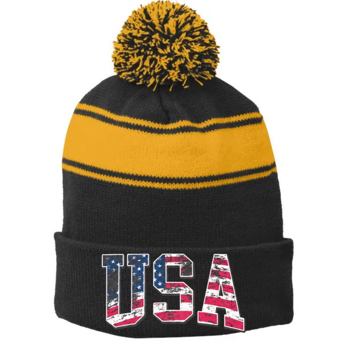 Usa Vintage American Flag 4th Of July Usa Flag Apparel Stripe Pom Pom Beanie