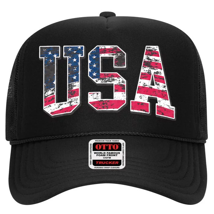 Usa Vintage American Flag 4th Of July Usa Flag Apparel High Crown Mesh Trucker Hat