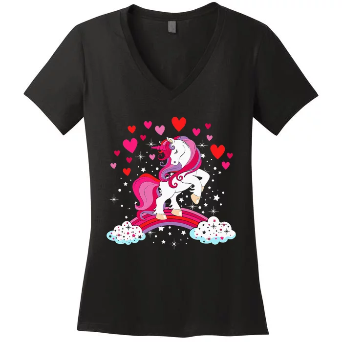 Unicorn Valentines Day Love Heart Rainbow Women's V-Neck T-Shirt