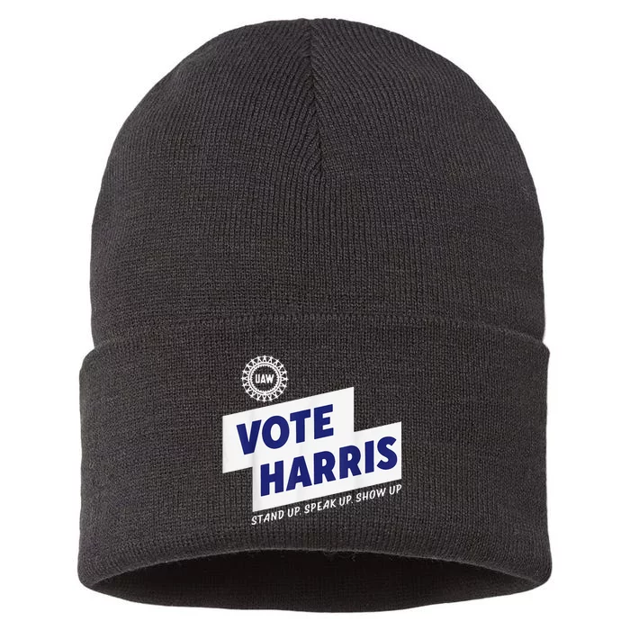 Uaw Vote Harris Stand Up Speak Up Show Up Trump Is A Scab Sustainable Knit Beanie