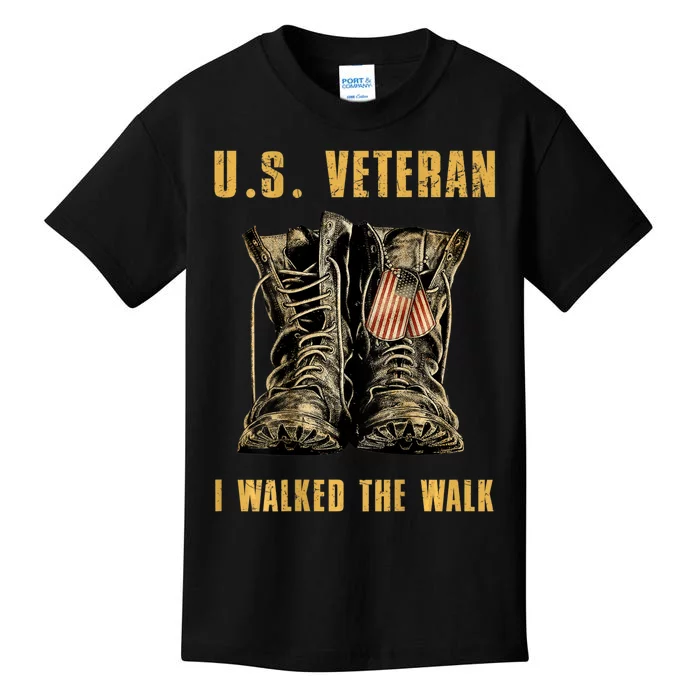 US Veteran I Walked The Walk Combat Boots Dogtag USA Flag Kids T-Shirt