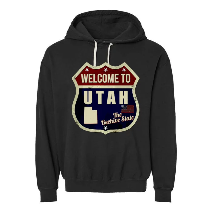 Utah Vintage Metal Road Sign Logo Garment-Dyed Fleece Hoodie