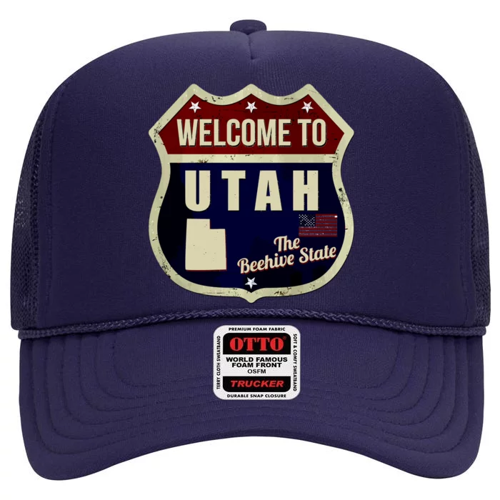 Utah Vintage Metal Road Sign Logo High Crown Mesh Trucker Hat