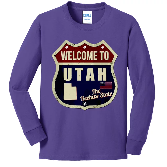 Utah Vintage Metal Road Sign Logo Kids Long Sleeve Shirt