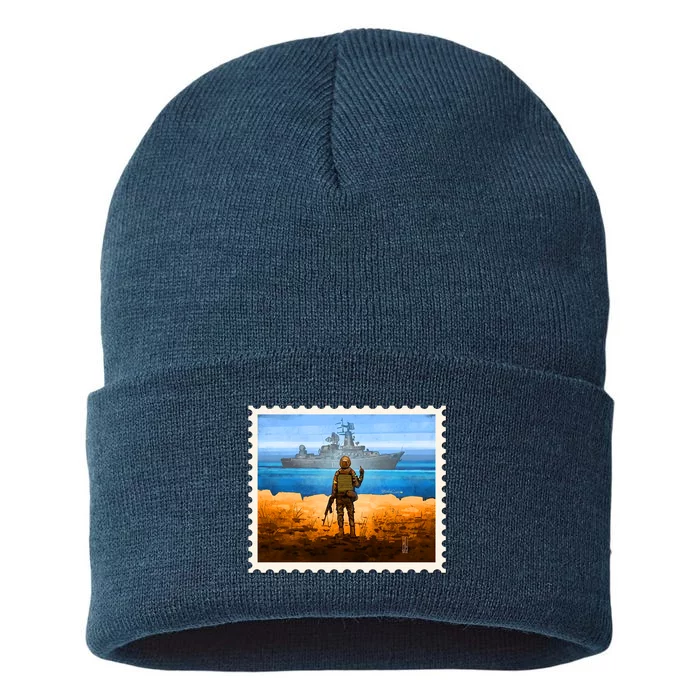 Ukraine Vs Russian Warship Stamp Sustainable Knit Beanie