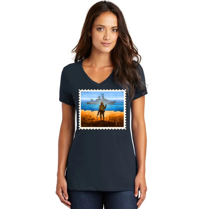 Ukraine Vs Russian Warship Stamp Women's V-Neck T-Shirt