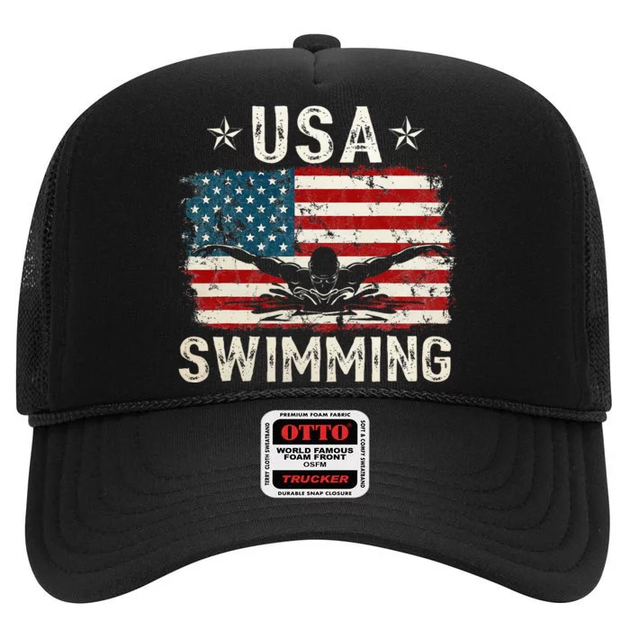 Usa Vintage Swimming Team Retro Support Usa High Crown Mesh Trucker Hat