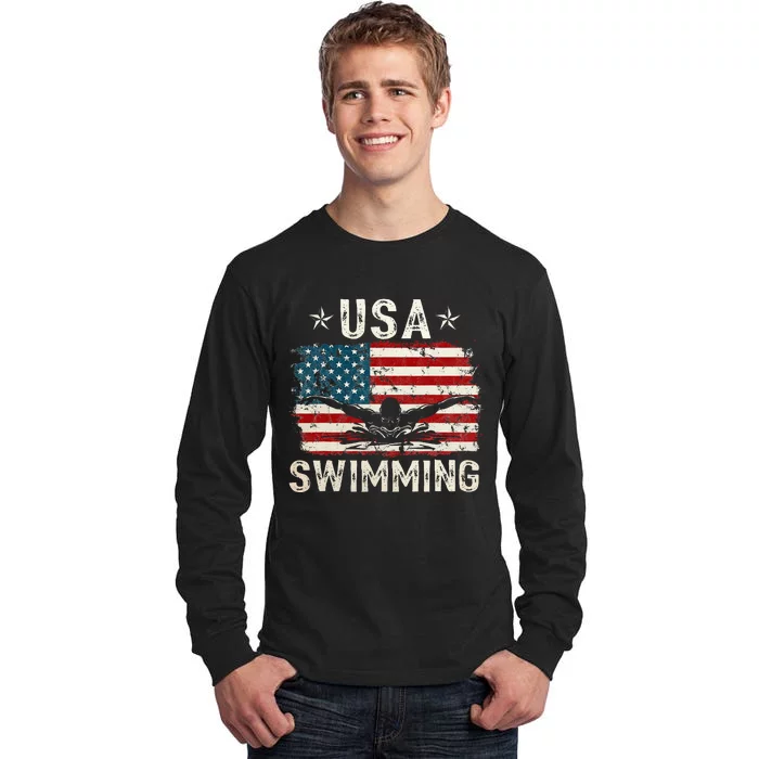 Usa Vintage Swimming Team Retro Support Usa Tall Long Sleeve T-Shirt