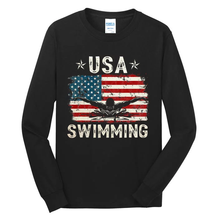 Usa Vintage Swimming Team Retro Support Usa Tall Long Sleeve T-Shirt