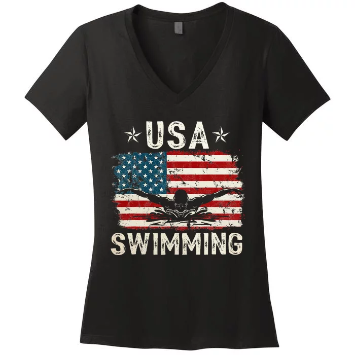 Usa Vintage Swimming Team Retro Support Usa Women's V-Neck T-Shirt