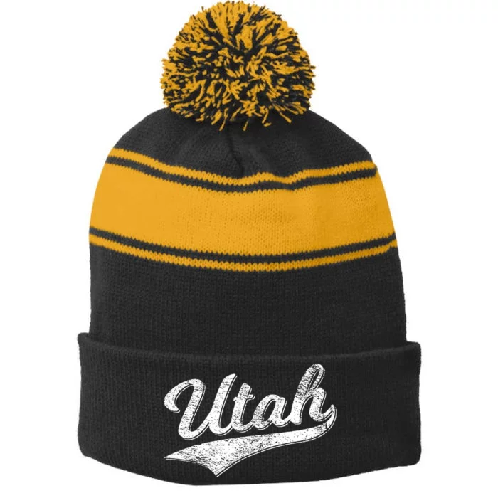 Utah Varsity Script Sports Athletic Jersey Style Stripe Pom Pom Beanie