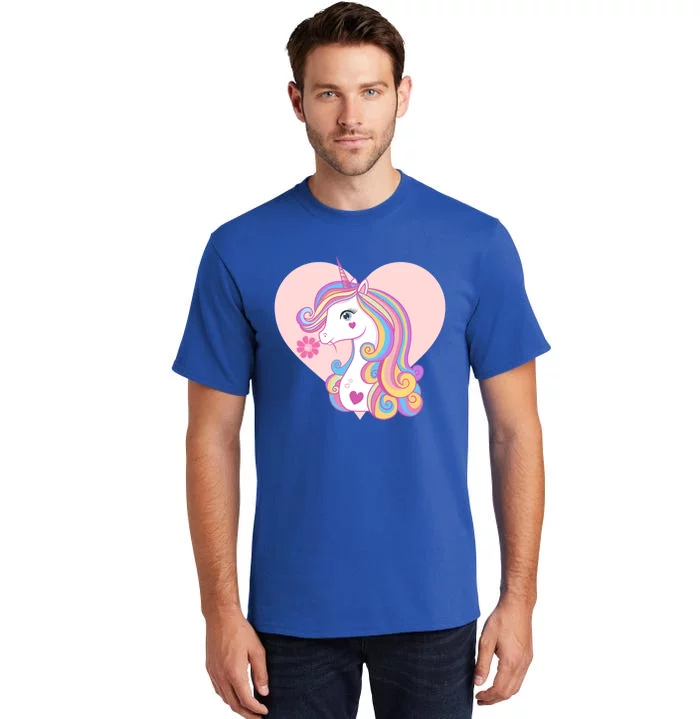 Unicorn With Flower And Hearts Valenties Day Cool Gift Tall T-Shirt