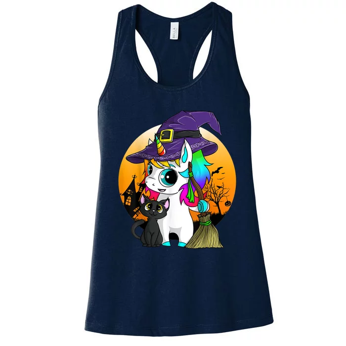 Unicorn Witch Halloween Black Cat Orange Moon Women's Racerback Tank