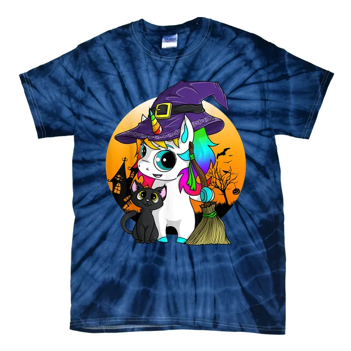 Unicorn Witch Halloween Black Cat Orange Moon Tie-Dye T-Shirt