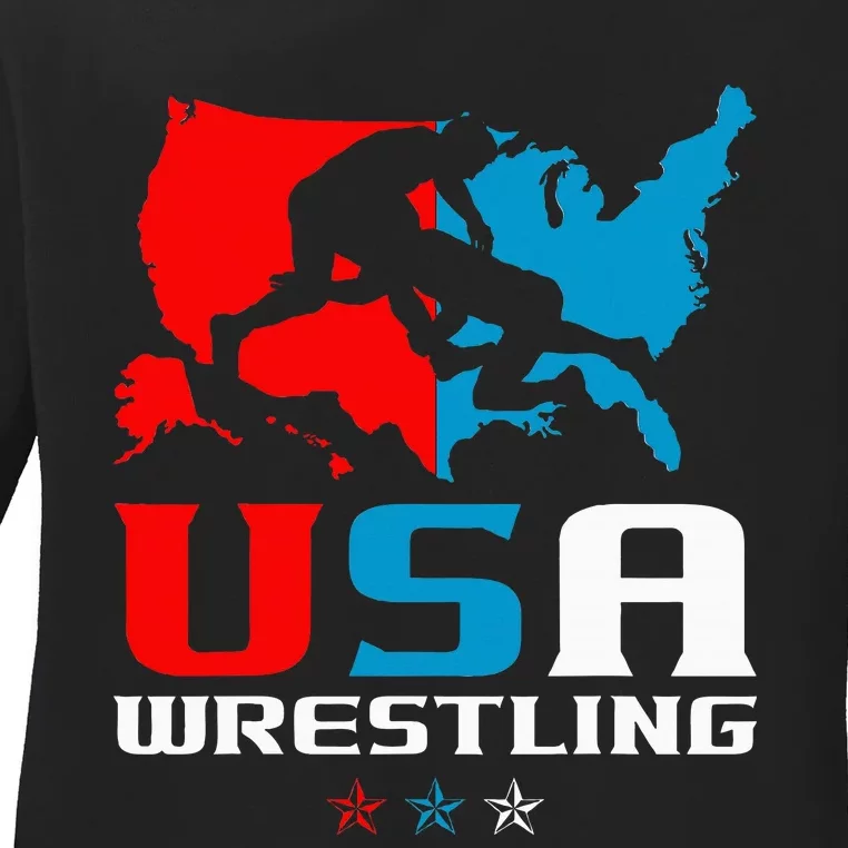 Usa Wrestling Independence Day American Flag Wrestler Sports Ladies Long Sleeve Shirt