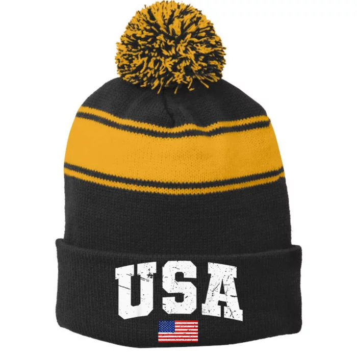 USA Women Men Kids Patriotic American Flag July 4th Stripe Pom Pom Beanie