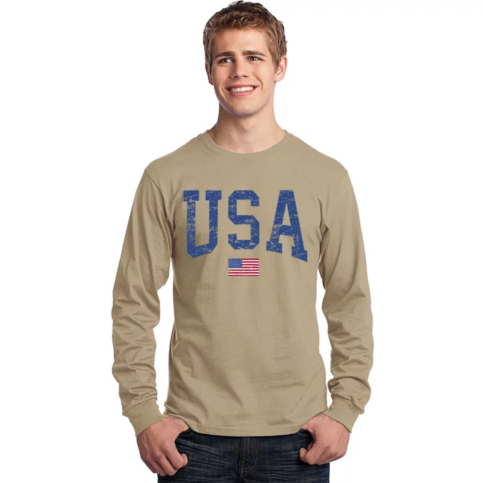 USA Wo Patriotic American Flag Distressed Long Sleeve Shirt