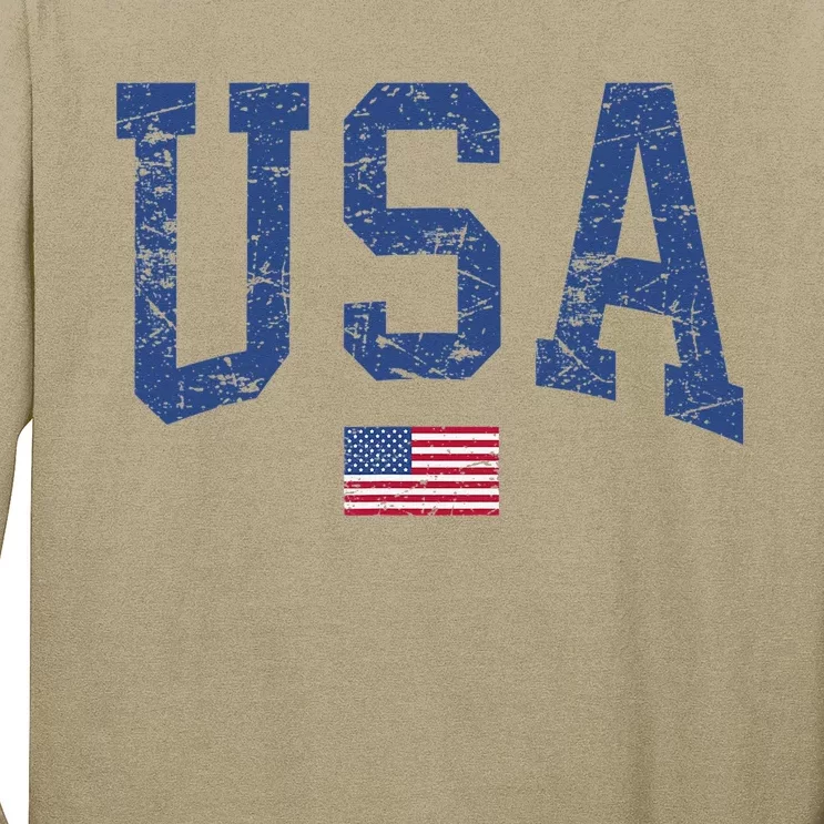 USA Wo Patriotic American Flag Distressed Long Sleeve Shirt