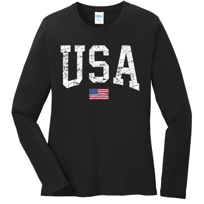 Usa Women Patriotic American Flag Distressed Ladies Long Sleeve Shirt