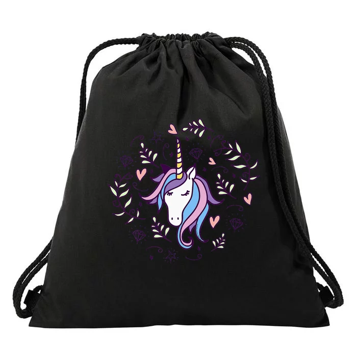 Unicorn with Pink Hearts and Diamonds Magical Unicorn Drawstring Bag