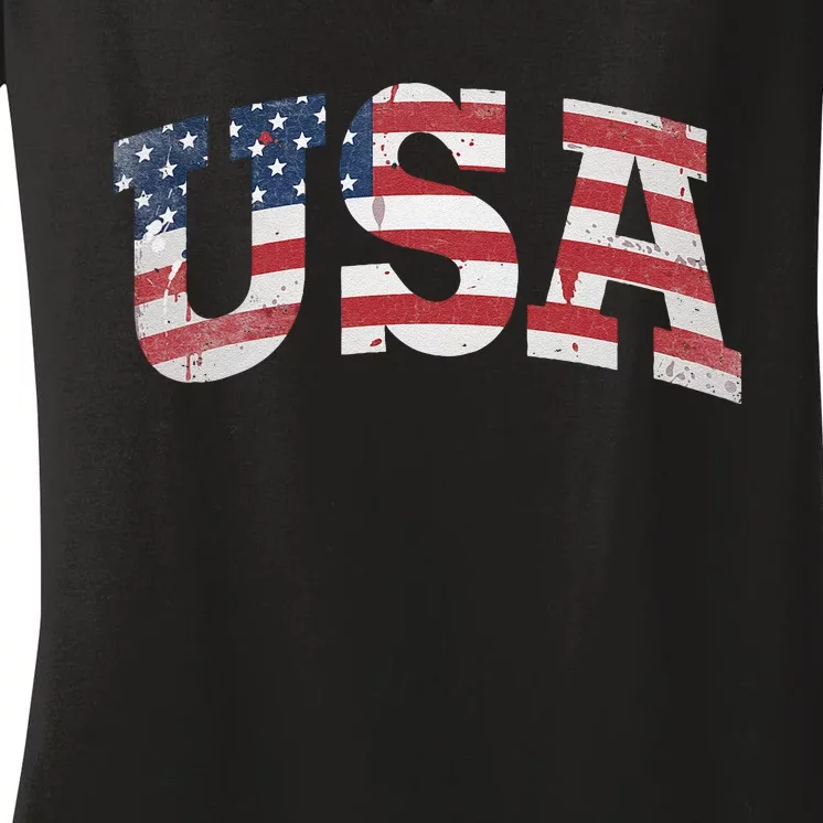 USA Wo Patriotic American Flag Distressed Women's V-Neck T-Shirt