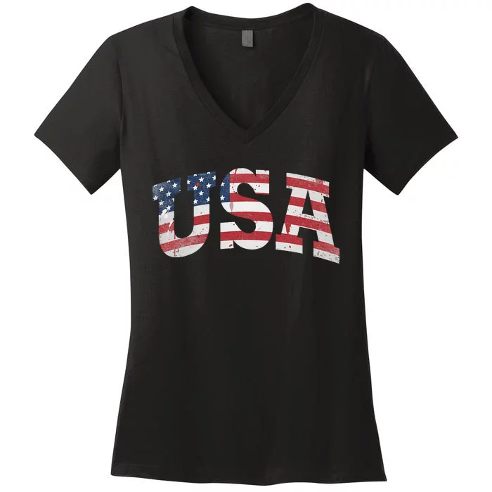 USA Wo Patriotic American Flag Distressed Women's V-Neck T-Shirt