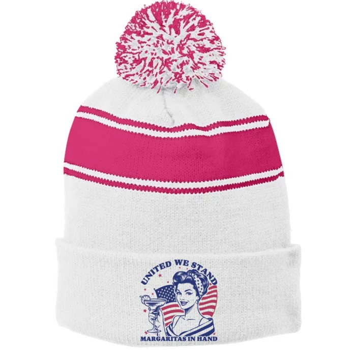 United We Stand Margaritas In Hand 4th July America Stripe Pom Pom Beanie