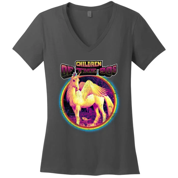 Unicorn With Wings Retro Children Of The 90's Women's V-Neck T-Shirt