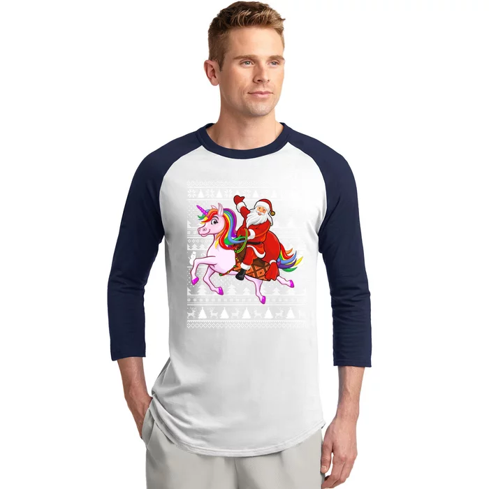 Ugly Xmas Funny Santa Riding Unicorn Christmas Gift Baseball Sleeve Shirt