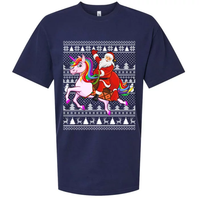 Ugly Xmas Funny Santa Riding Unicorn Christmas Gift Sueded Cloud Jersey T-Shirt