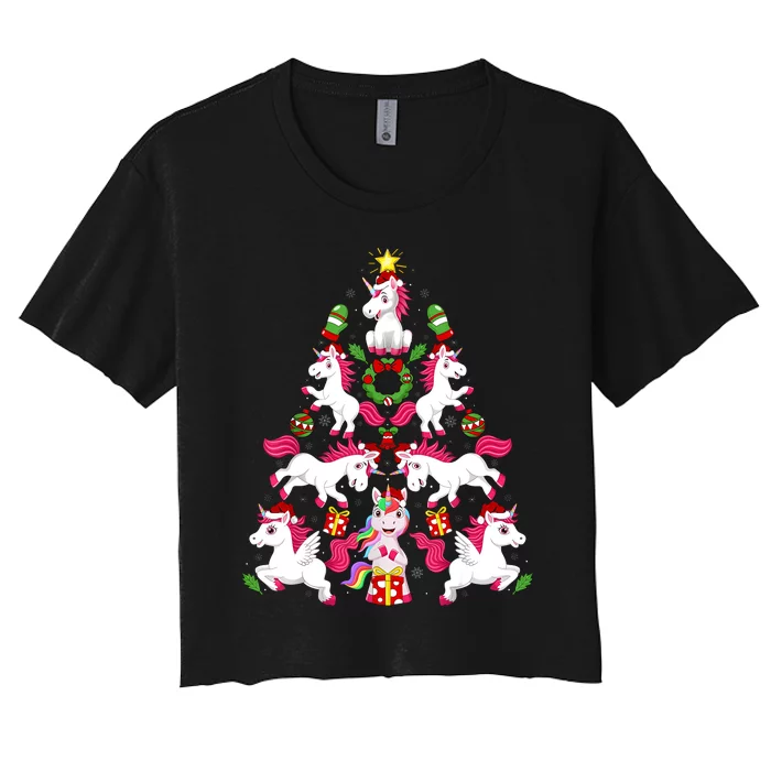 Unicorn Xmas Lighting Tree Unicorn Christmas Women's Crop Top Tee