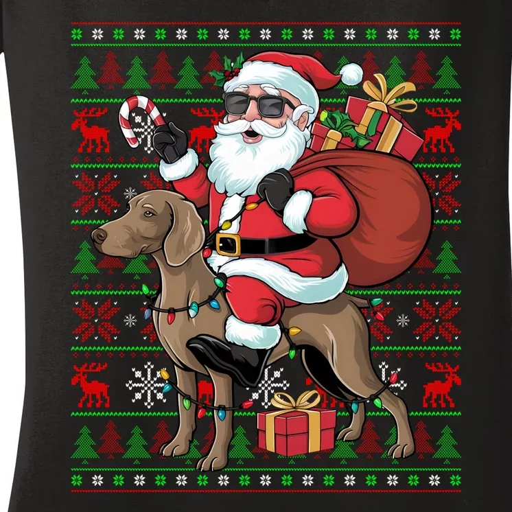 Ugly Xmas Lights Funny Santa Riding Ridgeback Dog Christmas Women's V-Neck T-Shirt