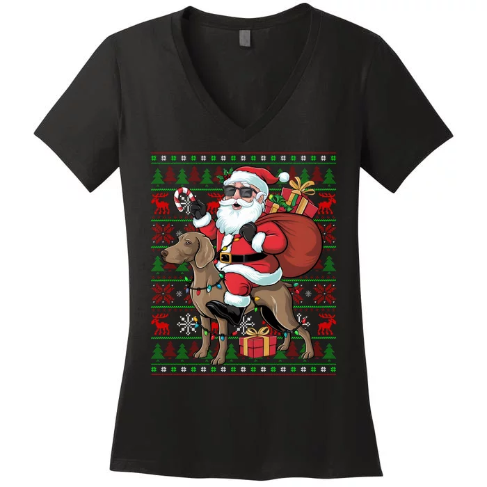 Ugly Xmas Lights Funny Santa Riding Ridgeback Dog Christmas Women's V-Neck T-Shirt