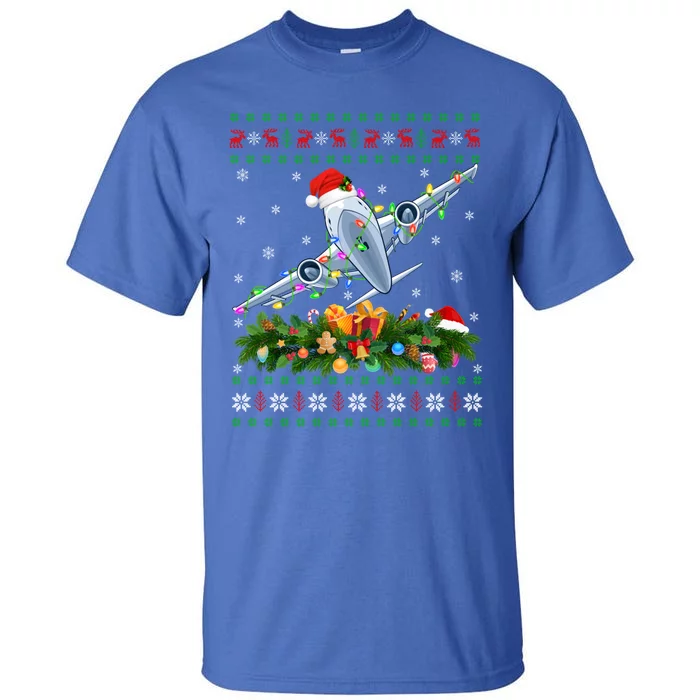 Ugly Xmas Lights Santa Hat Airplane Christmas Gift Tall T-Shirt