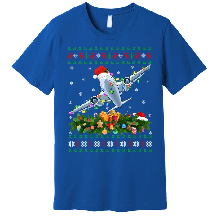 Ugly Xmas Lights Santa Hat Airplane Christmas Gift Premium T-Shirt