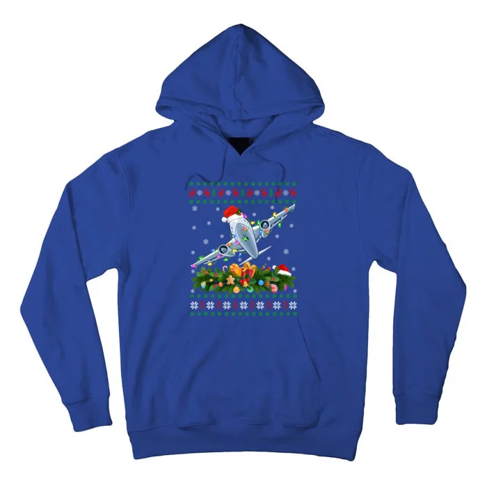 Ugly Xmas Lights Santa Hat Airplane Christmas Gift Tall Hoodie