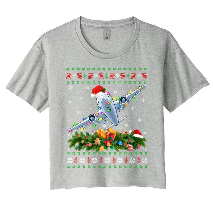 Ugly Xmas Lights Santa Hat Airplane Christmas Gift Women's Crop Top Tee