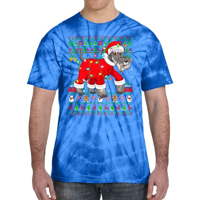 Ugly Xmas Lights Santa Schnauzer Dog Christmas Gift Tie-Dye T-Shirt