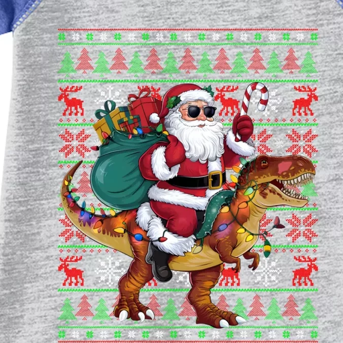 Ugly Xmas Lights Funny Santa Riding Trex Dinosaur Christmas Infant Baby Jersey Bodysuit