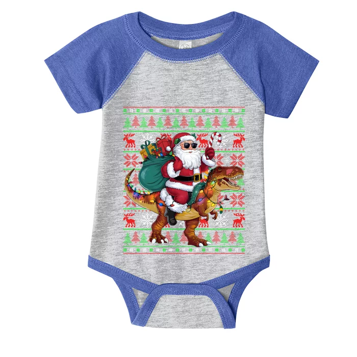 Ugly Xmas Lights Funny Santa Riding Trex Dinosaur Christmas Infant Baby Jersey Bodysuit