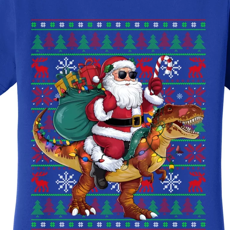 Ugly Xmas Lights Funny Santa Riding Trex Dinosaur Christmas Women's T-Shirt