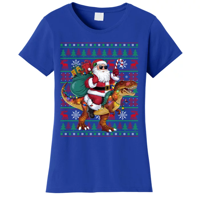 Ugly Xmas Lights Funny Santa Riding Trex Dinosaur Christmas Women's T-Shirt