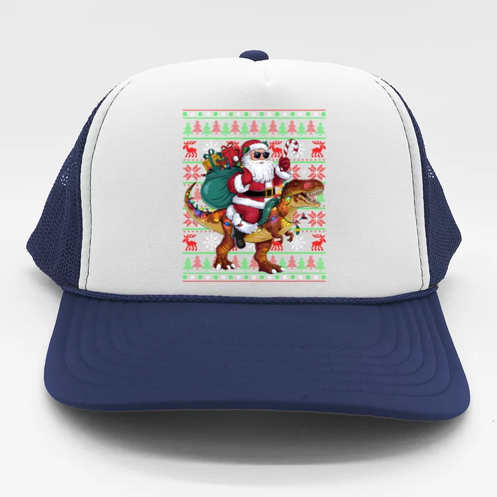 Ugly Xmas Lights Funny Santa Riding Trex Dinosaur Christmas Trucker Hat