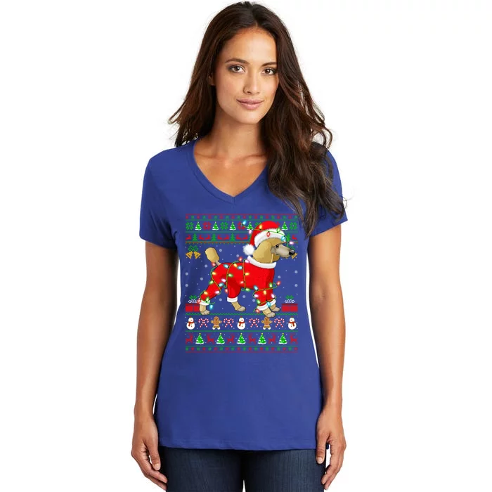 Ugly Xmas Lights Santa Poodle Dog Christmas Gift Women's V-Neck T-Shirt