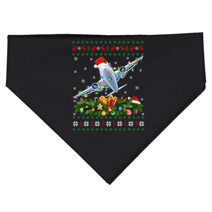 Ugly Xmas Lights Santa Hat Airplane Christmas Cool Gift USA-Made Doggie Bandana