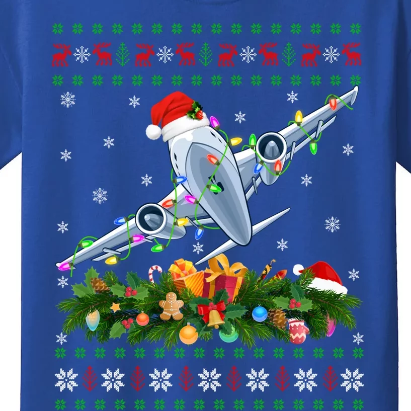 Ugly Xmas Lights Santa Hat Airplane Christmas Cool Gift Kids T-Shirt