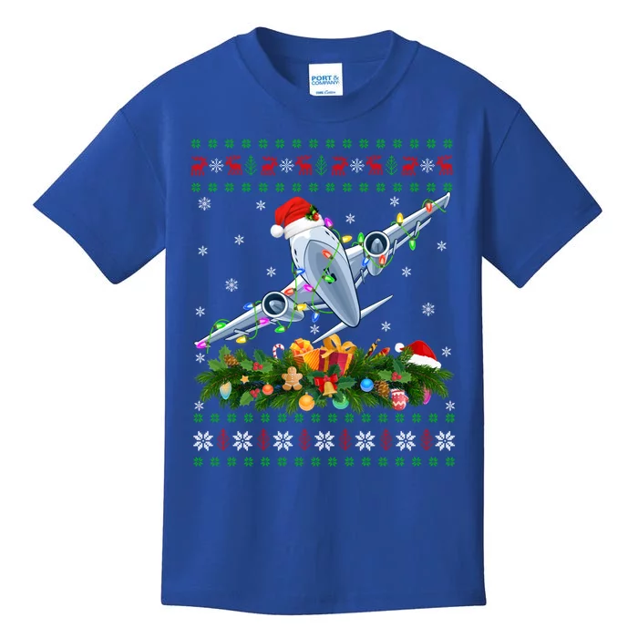 Ugly Xmas Lights Santa Hat Airplane Christmas Cool Gift Kids T-Shirt