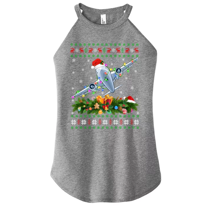 Ugly Xmas Lights Santa Hat Airplane Christmas Cool Gift Women’s Perfect Tri Rocker Tank