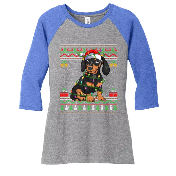 Ugly Xmas Sweater Style Santa Dachshund Dog Christmas Gift Women's Tri-Blend 3/4-Sleeve Raglan Shirt