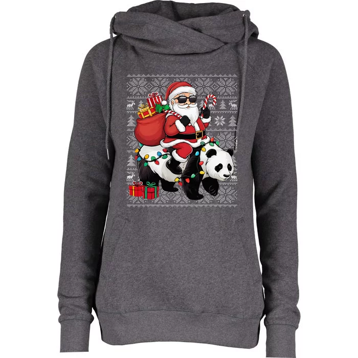 Ugly Xmas Sweater Style Santa Riding Panda Christmas Womens Funnel Neck Pullover Hood